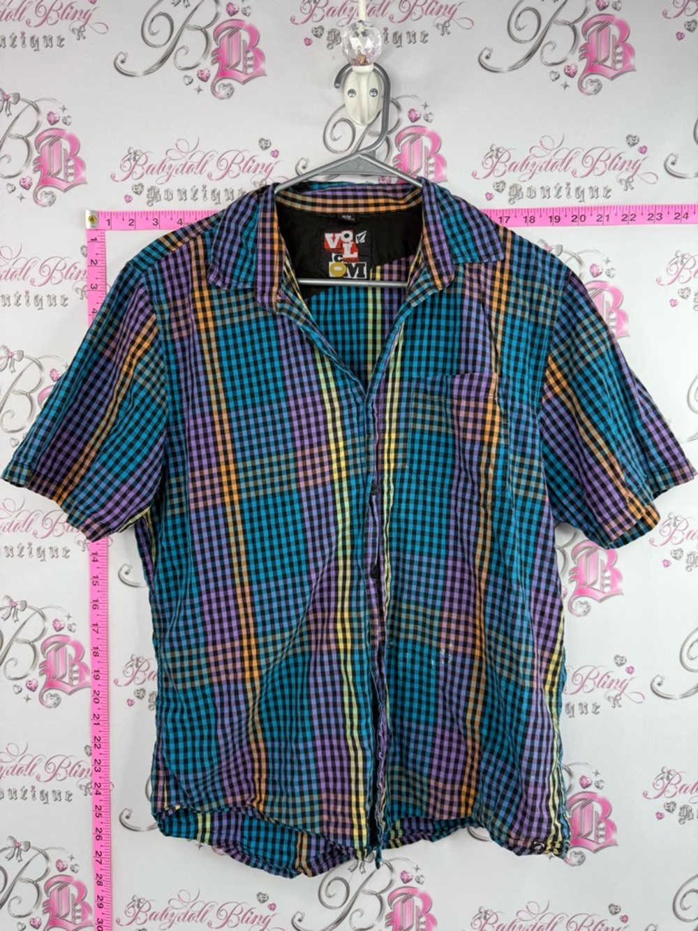 Volcom Multicolor Plaid Short-Sleeve Button-Down Top - Blue/Purple/Green/Yellow